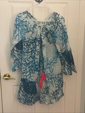 Debbie Katz Teal Coral Print Tunic/Beach Cover Up with Pink Tassels